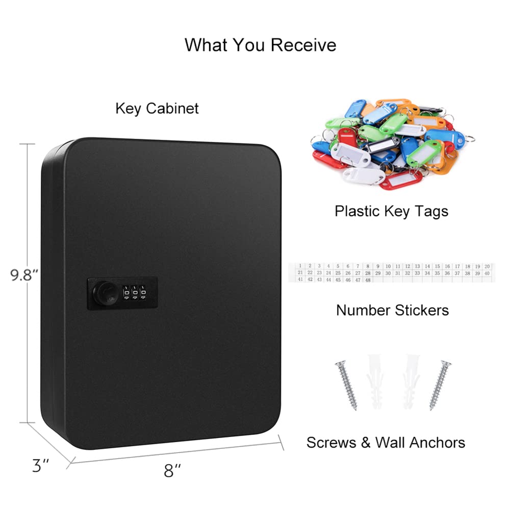 Key Cabinet Wall Mount Key Lock Box with Combination Lock Metal Key Box with Code for 48 Keys Black