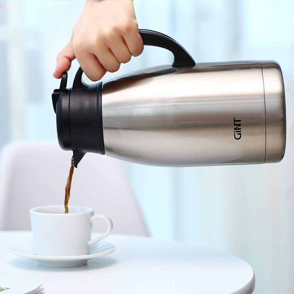 GiNT 1.9 L / 65 Oz Thermal Coffee Carafe, Insulated Stainless Steel Double Walled Vacuum Water and Beverage Dispenser, 12 Hour Heat Retention, Silver