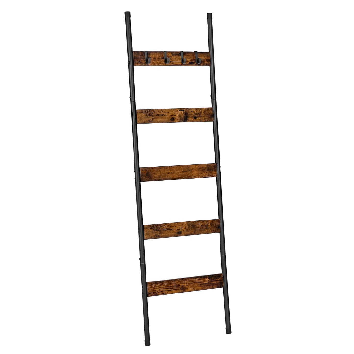 HOOBRO Blanket Ladder, 5-Tier Towel Rack with Hooks, Wall-Leaning Blanket Rack, Decorative Display Ladder Shelf, Scarves, Industrial, Living Room, Bedroom, Rustic Brown and Black BF52CJ01