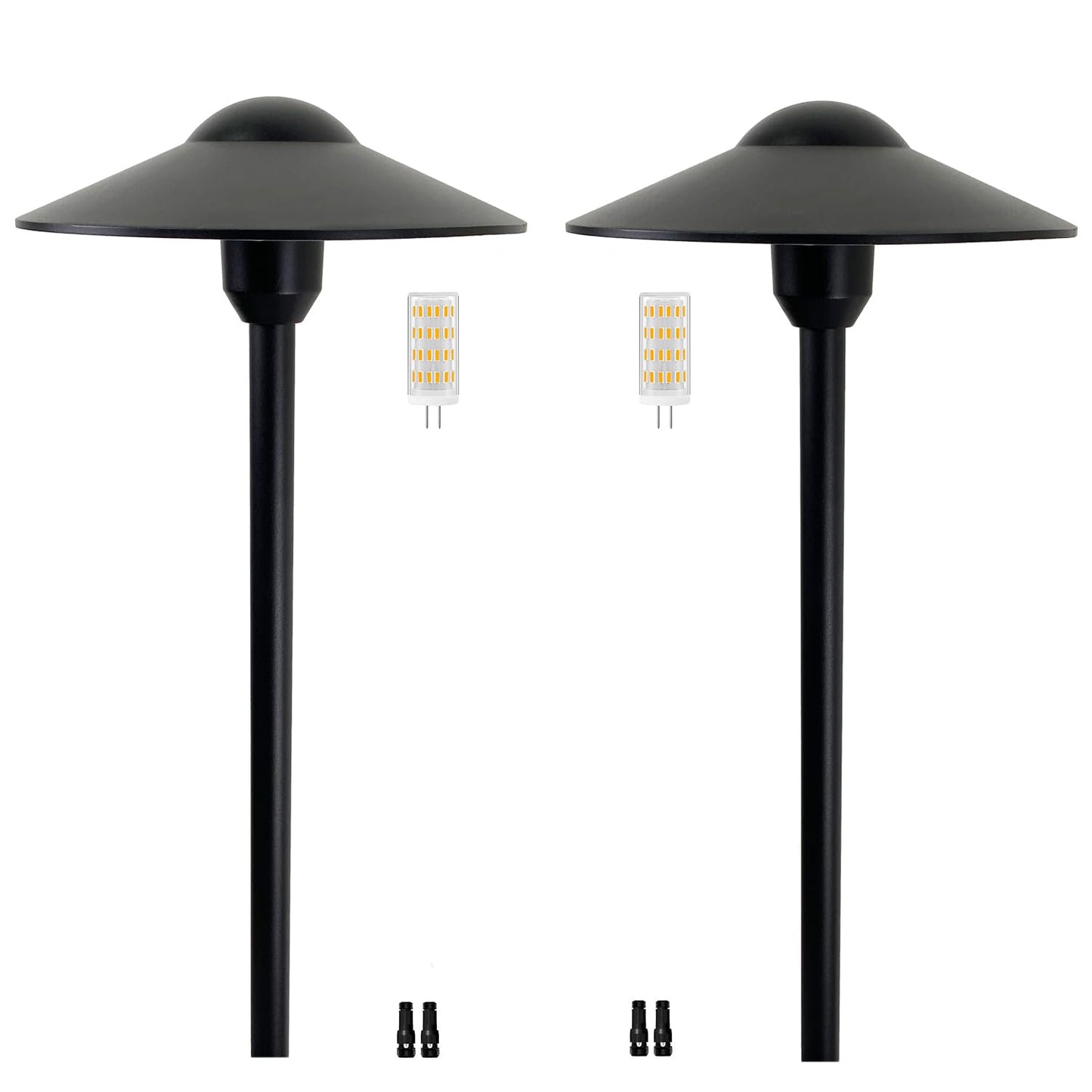 Muguski Low Voltage Pathway Lights,Cast Aluminum Landscape Lighting Path Light Garden Driveway Walkway Lighting 12-24V Replaceable G4 LED Bulb Wire Connectors Included 2-Pack Black Finish Round Hat