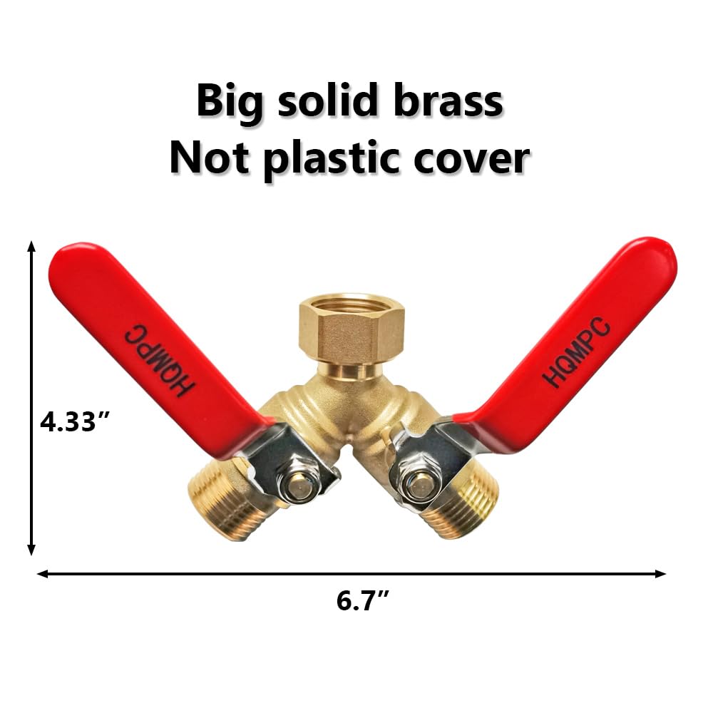 HQMPC Garden Hose Y Valve Splitter Brass Hose Splitter with Stainless Steel Long Handle Brass Garden Hose Adapter 2 Way Y Valve 3/4" GHT Thread 2pcs