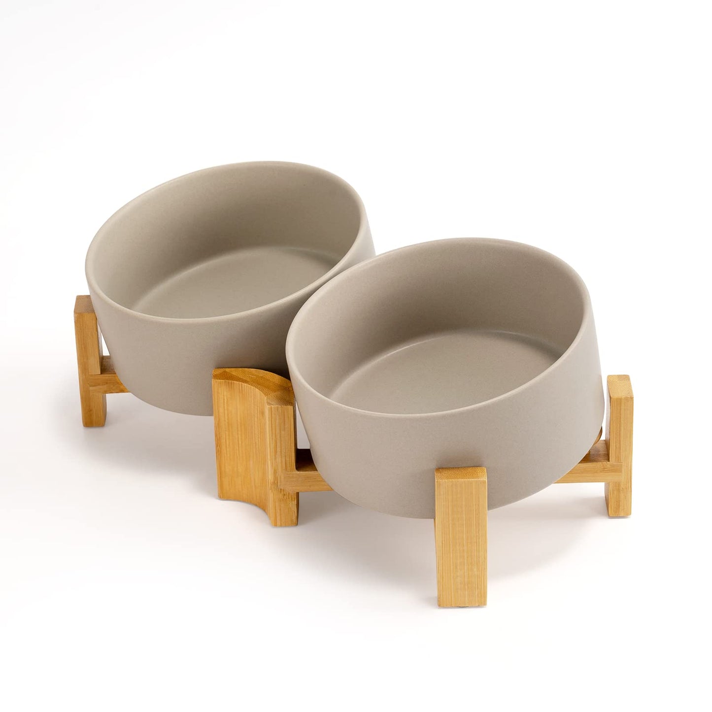 15° Slanted Ceramic Dog and Cat Bowl with Wooden Stand, Tilted Bulldog Food and Water Bowl No Slip Non-Spill for Cats Medium Dogs Big Face Pets 28.7 OZ (3.6 Cups)