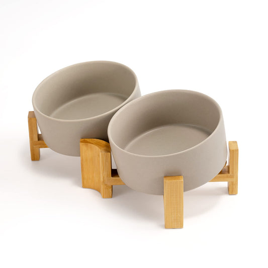 15° Slanted Ceramic Dog and Cat Bowl with Wooden Stand, Tilted Bulldog Food and Water Bowl No Slip Non-Spill for Cats Medium Dogs Big Face Pets 28.7 OZ (3.6 Cups)