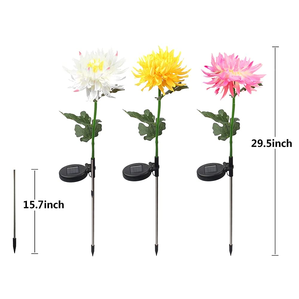 Kordain Outdoor Solar Garden Stake Lights, 3 Pack Chrysanthemum Flower Waterproof LED Decorative Powered Lights for Pathway Walkway Lawn Yard Cemetery (Yellow, Red, White)