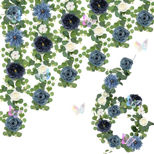 HOMENERGY Eucalyptus Garland with Flowers - 6 Pack 5.9 FT Fake Flower Garland with Butterflies Faux Rose Greenery Garlands for Wedding Table Backdrop Arch Centerpieces Decorations - Navy Blue