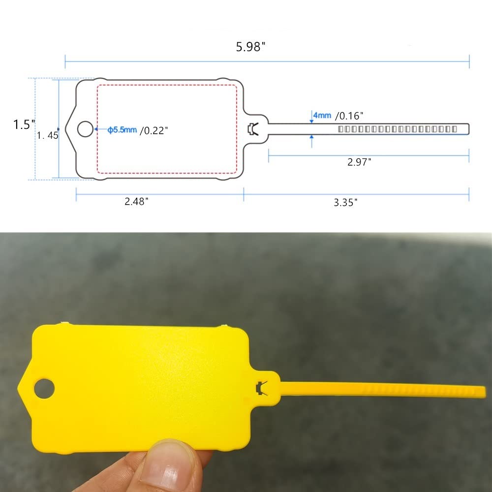 XF-Vel 100pcs Reusable Yellow Plastic Tags Ties Key Tags 1.45"*2.48" Serrated Tension Sealing Strap with Large Label Plastic Tie Mark Label Waterproof Hang Sign Write on Tag