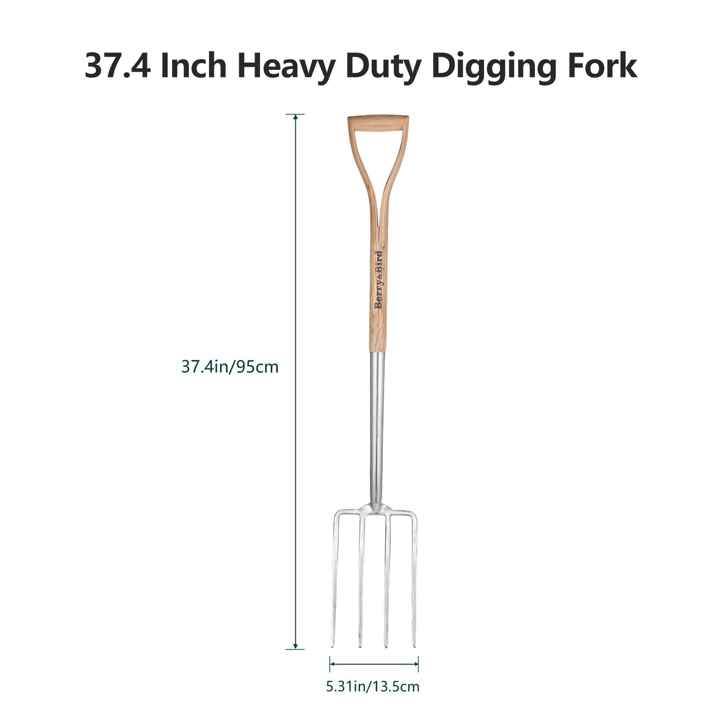 Berry&Bird Garden Digging Fork, 37.4" Stainless Steel Garden Spading Fork with D-Grip Handle, 4-Tine Heavy Duty Long Handled Pitchfork with Ash Wood Handle for Digging, Planting, Aerating, Cultivating