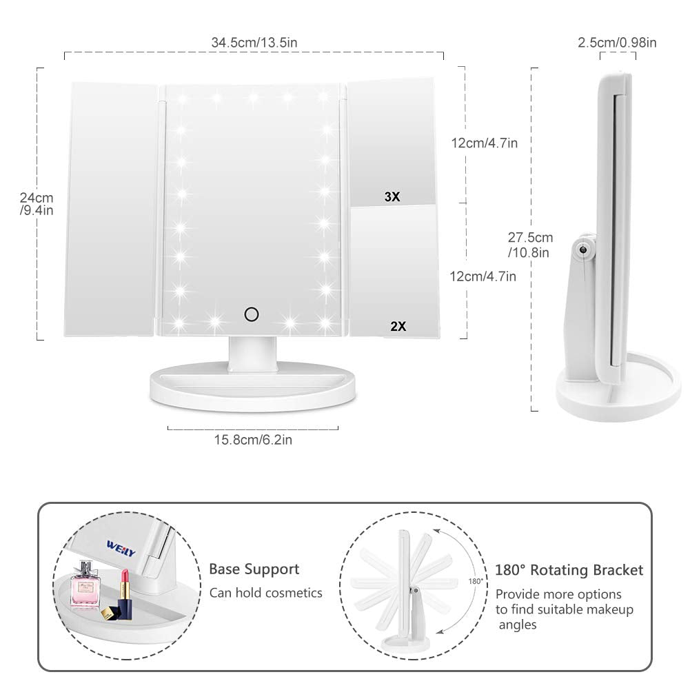 WEILY Vanity Makeup Mirror,1x/2x/3x Tri-Fold Makeup Mirror with 21 LED Lights and Adjustable Touch Screen Lighted Mirror Dressing Mirrors for Women(White)