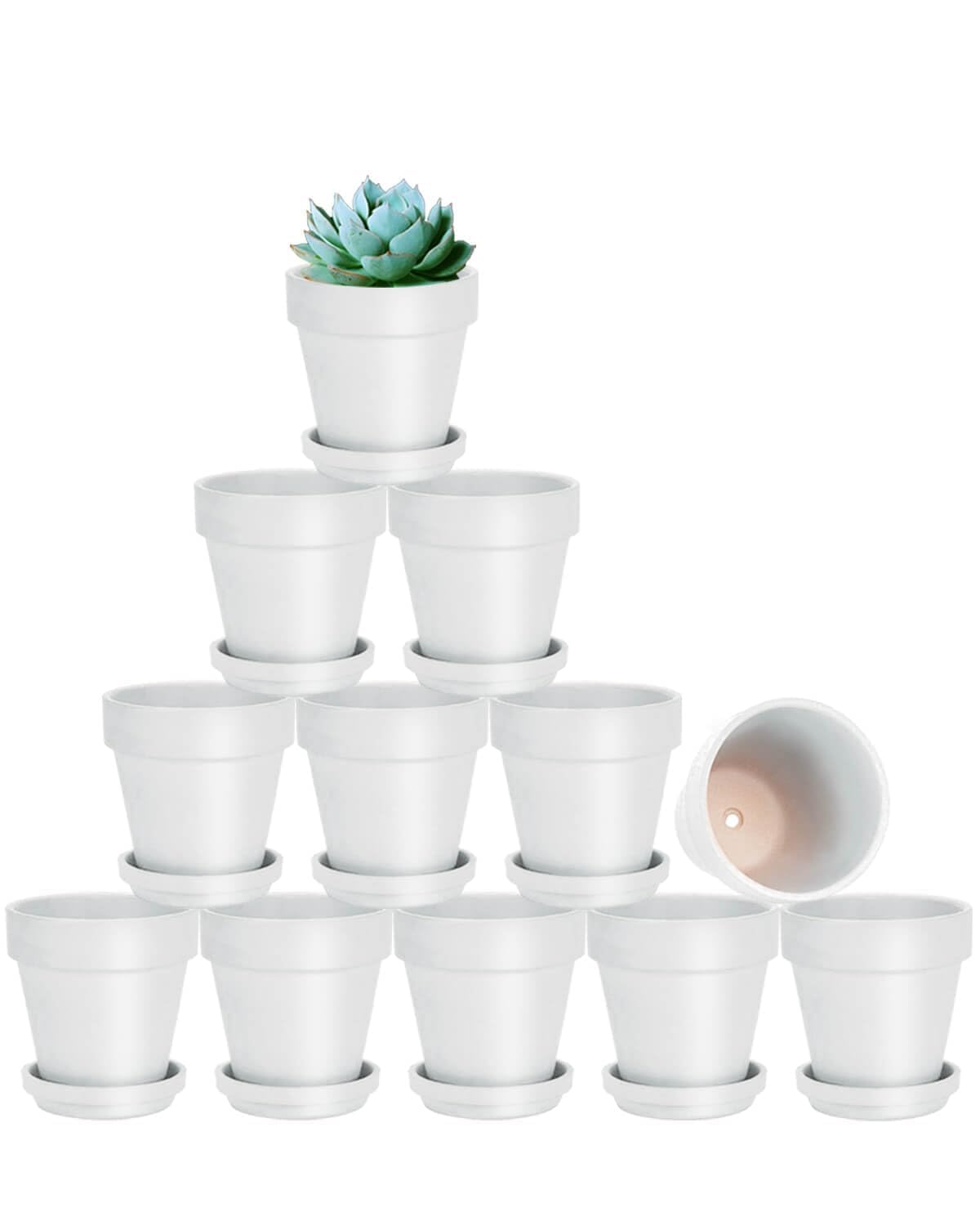 3 Inch White Clay Pot for Plant with Saucer - 12 Pack Small Terra Cotta Plant Pot with Drainage Hole, Flower Pot with Tray, Terracotta Pot for Indoor Outdoor Plant