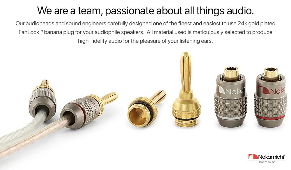 Nakamichi FanLock Excel Series 24k Gold Plated Banana Plug 10 AWG - 18 AWG Gauge Size 4mm for Speakers Amplifier Hi-Fi Stereo Home Theatre Radio Audio Wire Cable Quick Connector, 16 Pcs (8-Pairs)