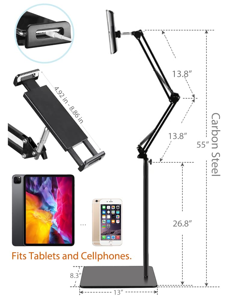 Tablet Floor Stand with Double Weight Base, Overhead Bed Phone Mount Height Adjustable Arm Stretchable Stand Holder, Compatible with iPad mini Air Pro, Galaxy Tab, Kindle, Switch, Cell Phones-Black