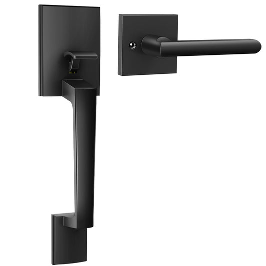 Ohuhu Front Door Handle Set, Heavy Duty Matte Black Entryway Door Handleset (Without Deadbolt), Modern Zinc Alloy Exterior Entry Door Lever, Reversible Front Door Handle, Decorative Door Hardware