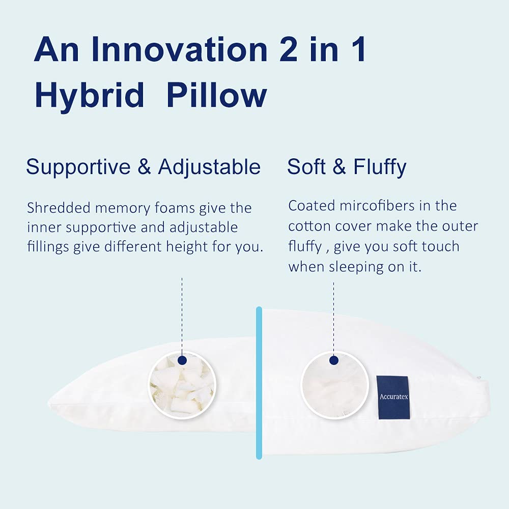 ACCURATEX Pillows Standard Size 2 Pack, Shredded Memory Foam Pillow Hybrid with Fluffy Down Alternative Fill Removable Cotton Cover, Adjustable Firm Pillow for Side,Back,Stomach Sleepers