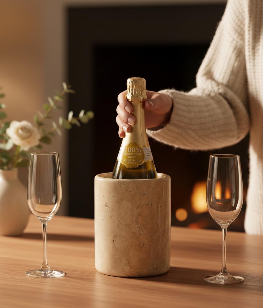SPESHSTONES Marble Wine Chiller 16.51 cm Handmade Travertine Wine Chillers for Bottles and Champagne Holder - Stone Wine Bottle Cooler and Wine Bucket, Elegant Marble Kitchen Accessories for Home Bar