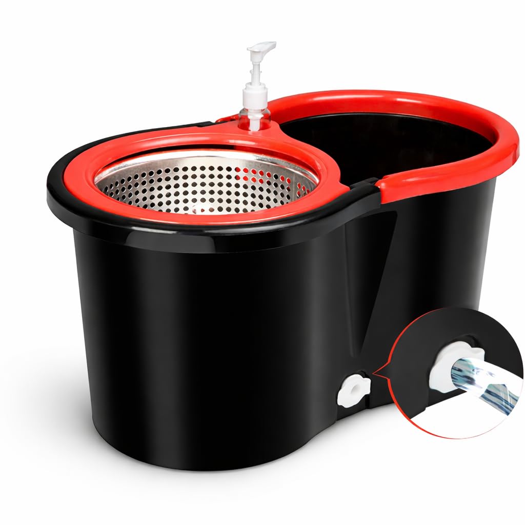 SHOPONTO Spin Mop and Bucket System with Stainless Steel Wringer, Microfiber Mop, Black/Red, 45x26x23 cm Bucket, Telescopic Handle 90-120 cm, 2 Mop Heads, 360 Spin Mop Floor Cleaning Set