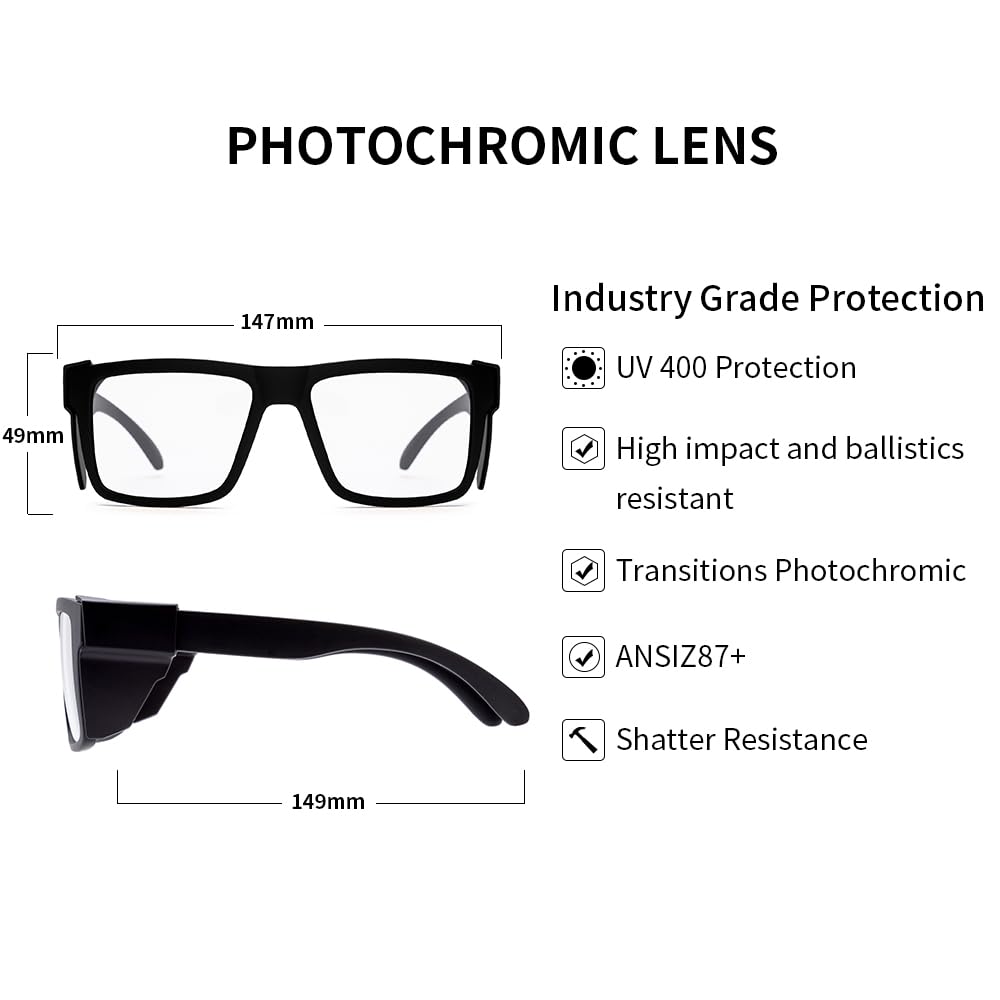 BINGKING Photochromic Safety Glasses, UV400 Blue Light Blocking, ANSI Z87.1, Removable Side Shields, TR90 Frame, Matte Black