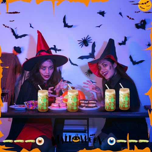 Acellegic 6 Packs Halloween Glow in The Dark Cups 16 oz Ghost Witch Glass Cups with Lids and Straws Iced Coffee Cup Spooky Gifts Boo Baskets Stuffers for Women Halloween Party Supplies (Witch)