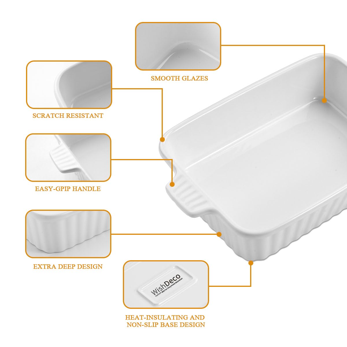 WishDeco Ceramic Casserole Dishes Set of 4, Baking Dishes for Oven, Rectangular Lasagna Pan Deep with Handles, White Porcelain Bakeware (15''/12.4''/11''/9.6''), Dishwasher Safe