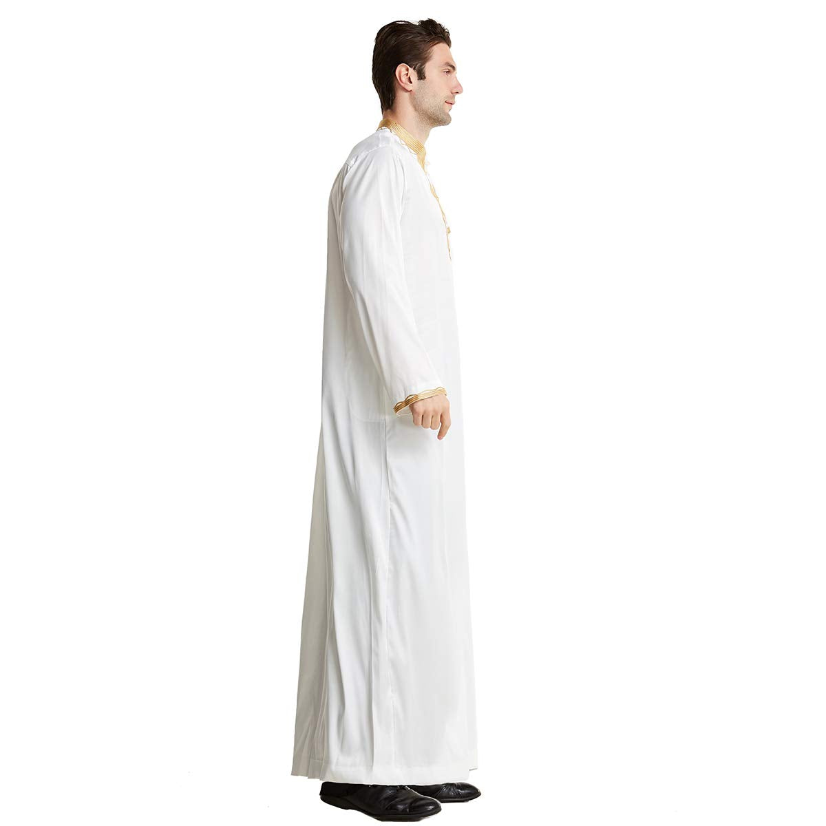 Men Arabic Long Sleeve Embroidery Thobe Stand Collar Kaftan Robe