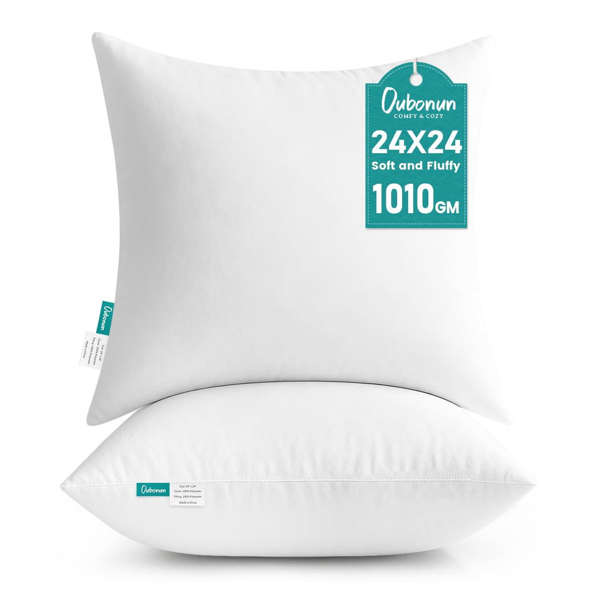 Oubonun 24 x 24 Throw Pillow Inserts - Soft, Plush & Decorative Down Alternative Pillows for Couch Sofa Bed, Machine Washable - White, Pack of 2