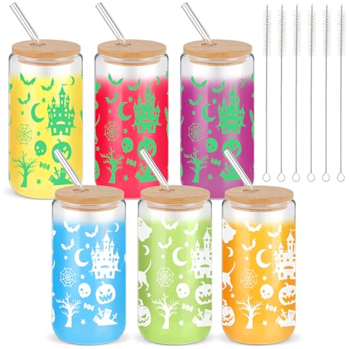 Acellegic 6 Packs Halloween Glow in The Dark Cups 16 oz Ghost Witch Glass Cups with Lids and Straws Iced Coffee Cup Spooky Gifts Boo Baskets Stuffers for Women Halloween Party Supplies (Witch)