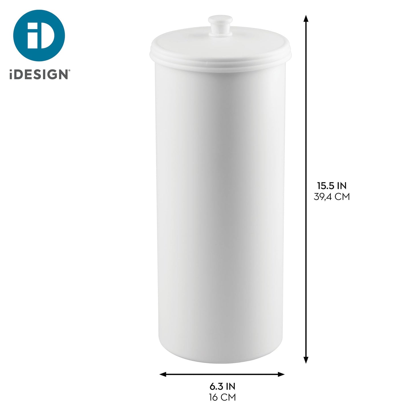 iDesign Kent Plastic Toilet Paper Tissue Roll Reserve Canister, Free-Standing Organizer for Master, Guest, Kid's, Office Bathroom or Closet, 6.25" x 6.25" x 15.5" - White