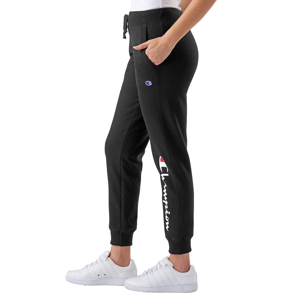 Champion Women's Fleece Joggers, Standard Fit, Midweight, Script & C Logo, Available in Regular and Plus, Black - Classic Script Logo, Large