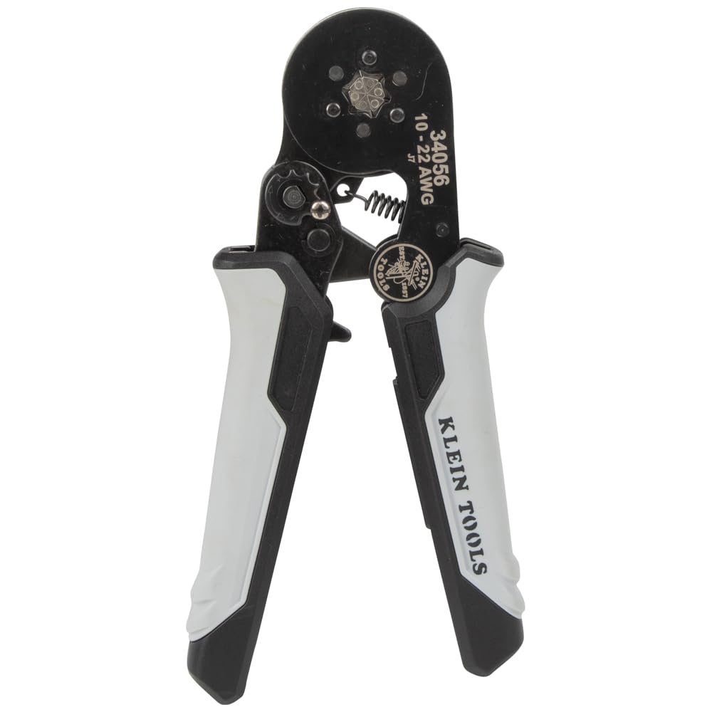 Klein Tools 34056 Ferrule Crimping Tool, Hex Crimper Pliers for 10 to 22 AWG Wire Terminals, Built-in Adjustable Ratchet, for Electrical Work