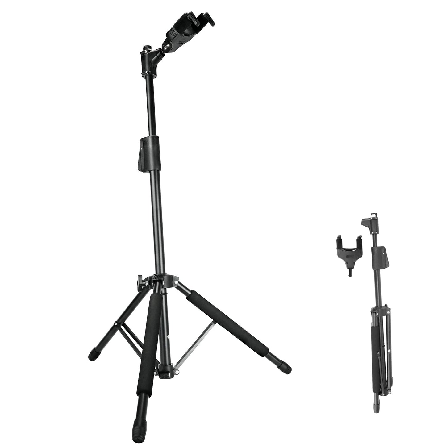 AROMA Bass Stand Universal for Acoustic Electric Classical Guitars Floor Stand Foldable with Auto-Lock Neck Holder Soild Tripod One Button Lift