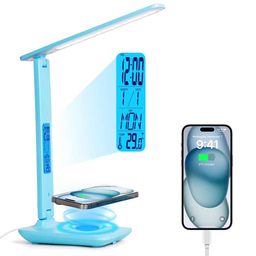 wanjiaone Multifunctional LED Desk Lamp with Wireless Charger,USB Charging Port,Clock,Phone Holder,Desk Lamps for Home Office,Eye-Caring Reading Lamp,Study Lamp for Boys,Girls,Teens (Blue-tx26)