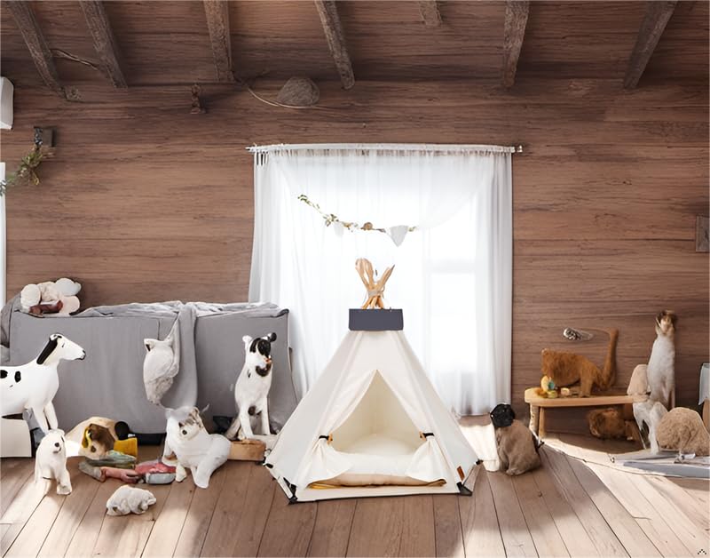 Dog Teepee Pet Tents Tipi Portable Houses Puppy Cat Bed with Thick Cushion (S:40 * 40 * 50CM)
