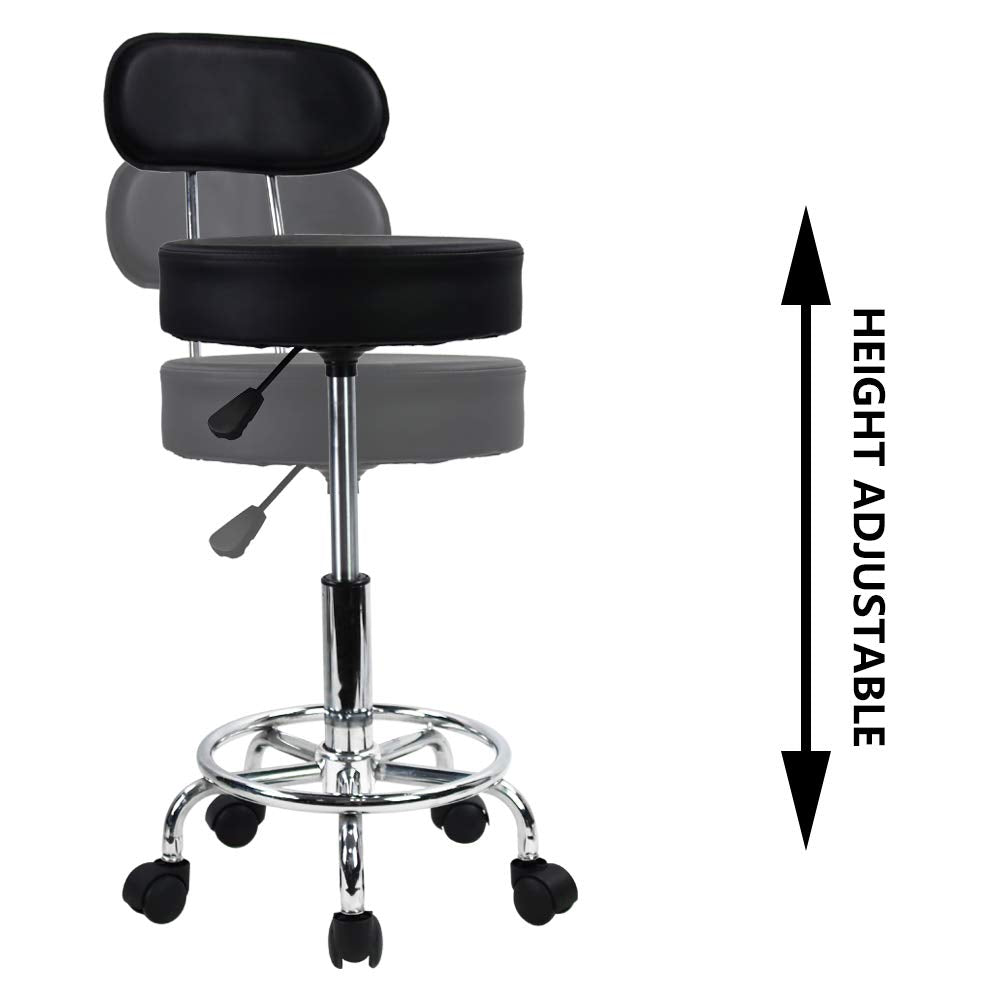 KKTONER PU Leather Round Rolling Stool Mid-Back with Footrest Height Adjustable Office Computer Home Drafting Swivel Task Chair with Wheels (Black)