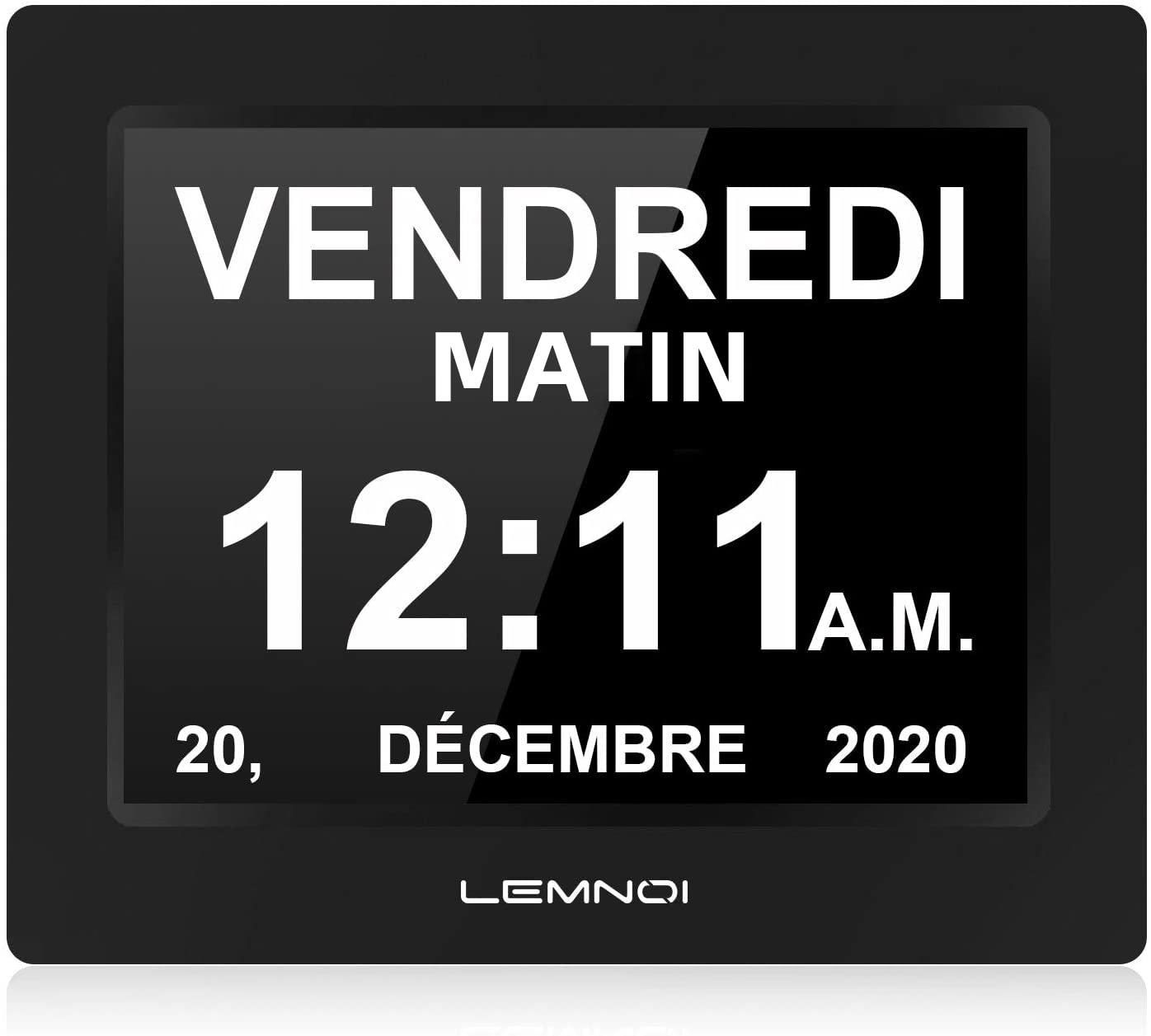 Lemnoi 8‘’ LCD Digital Day Clock Calendar with Date/Day/Time, 8 Languages Auto-Dimming Digital Clock with 12 Programmable Alarms, Reminders Clock for Alzheimer Elderly & Child (Black)