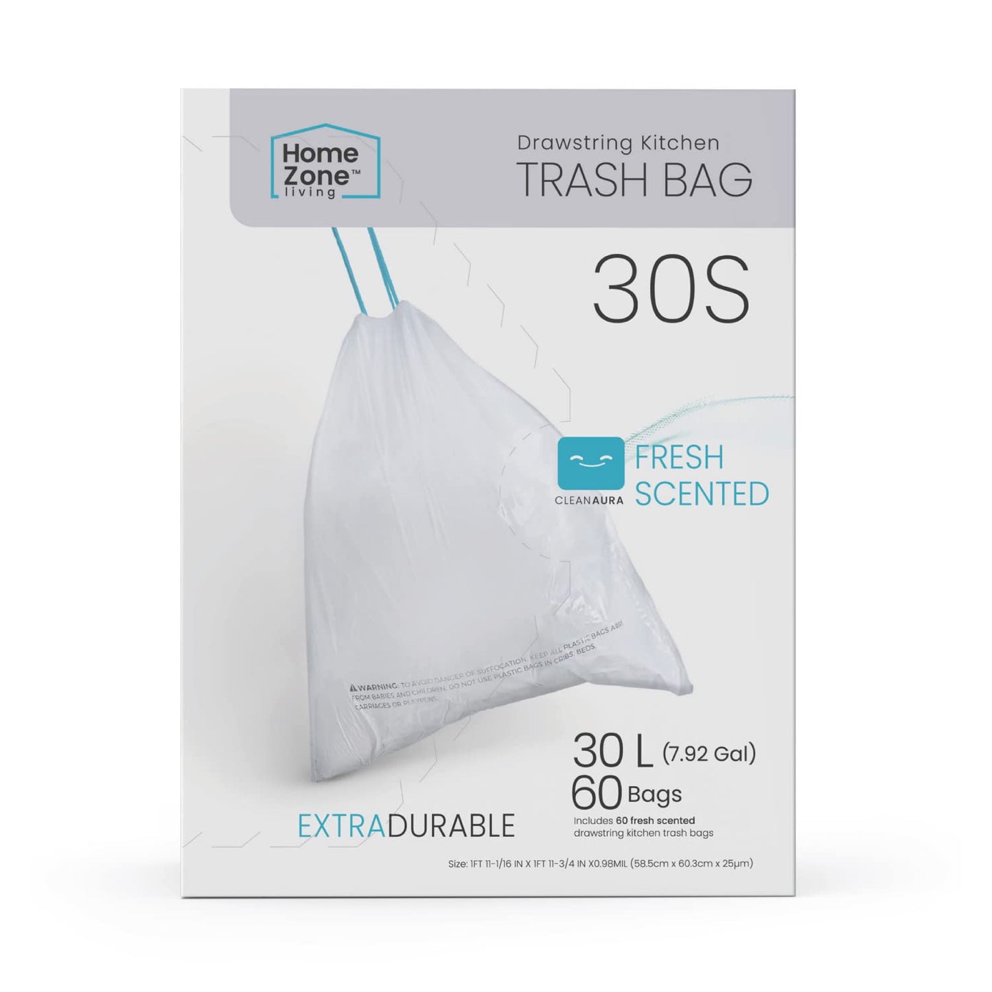 Home Zone Living 8 Gallon Kitchen Trash Bags with Drawstring Handles, Heavy Duty Custom Fit Design for Standard 30 Liter Kitchen Trash Cans, Code 30S, 60 Count