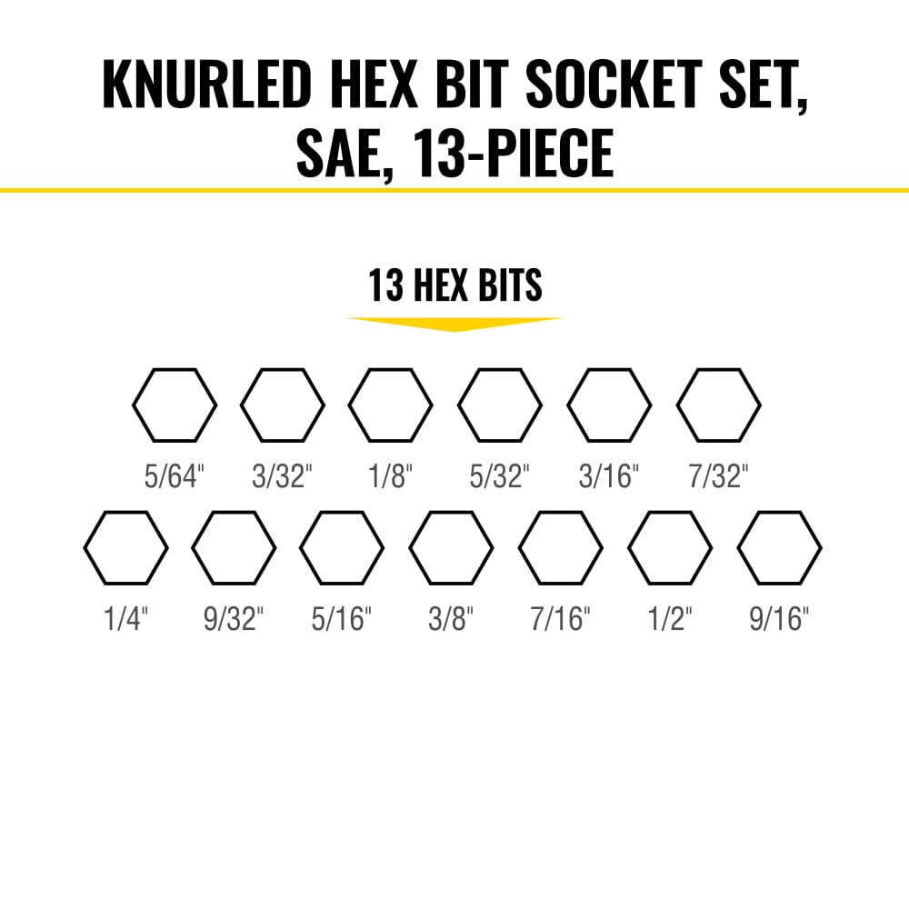 Klein Tools 65213HEX Knurled Hex Bit Socket Set, 1/4, 3/8 and 1/2-Inch Drives, Premium Cr-V Steel, SAE Sizes 5/64 to 9/16-Inch, MODbox Case, 13-Piece