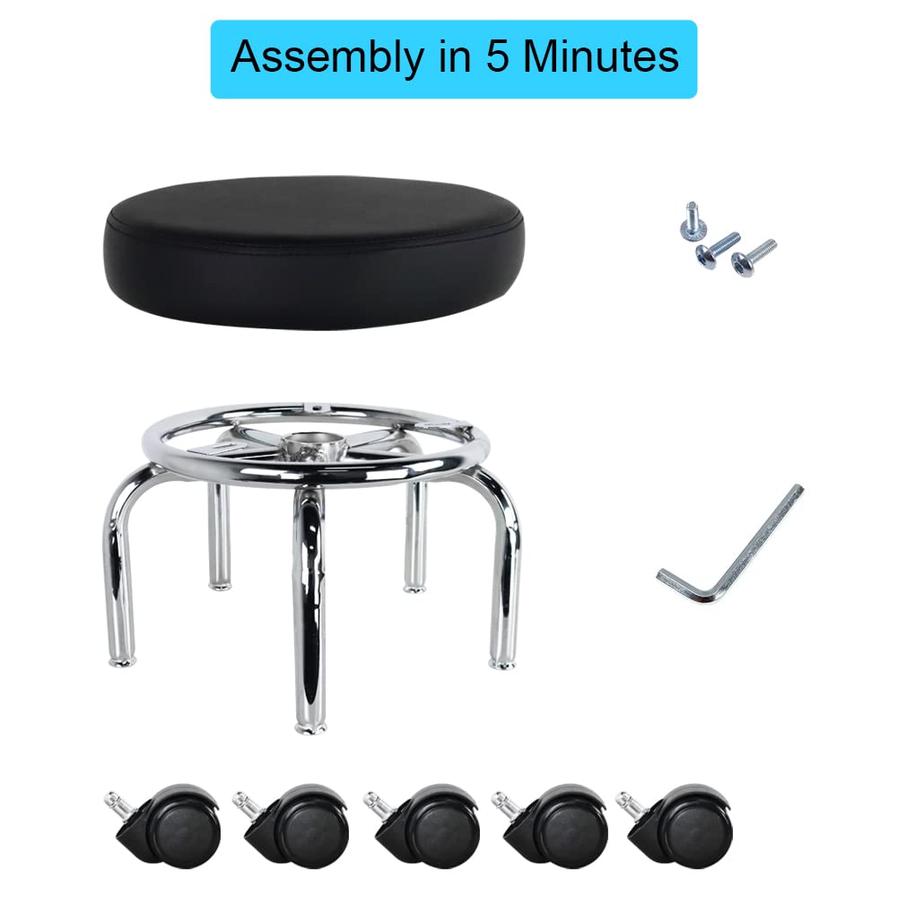 WKWKER Small Roller Stool PU Leather Wheeled Seat 360° Rotating Low Round Stool with Universal Wheels for Home Massage Garden Office Garage Shop Fitness Sports, H:31.5cm (Black)