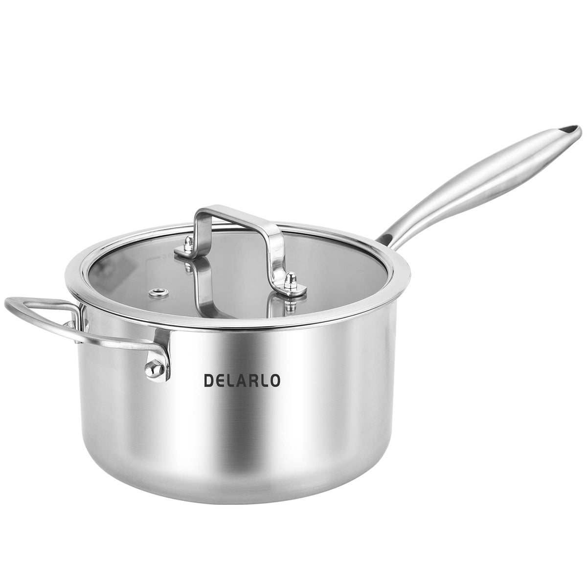 DELARLO Tri-Ply Stainless Steel Saucepan, 3.5 QT Saucepan with Lid, All Stove Compatible 500℉, Induction Sauce Pot, Heavy Duty Saucier Pot, Dishwasher Safe Saucepan, Induction Pot 3.5 Quart, Even Heat