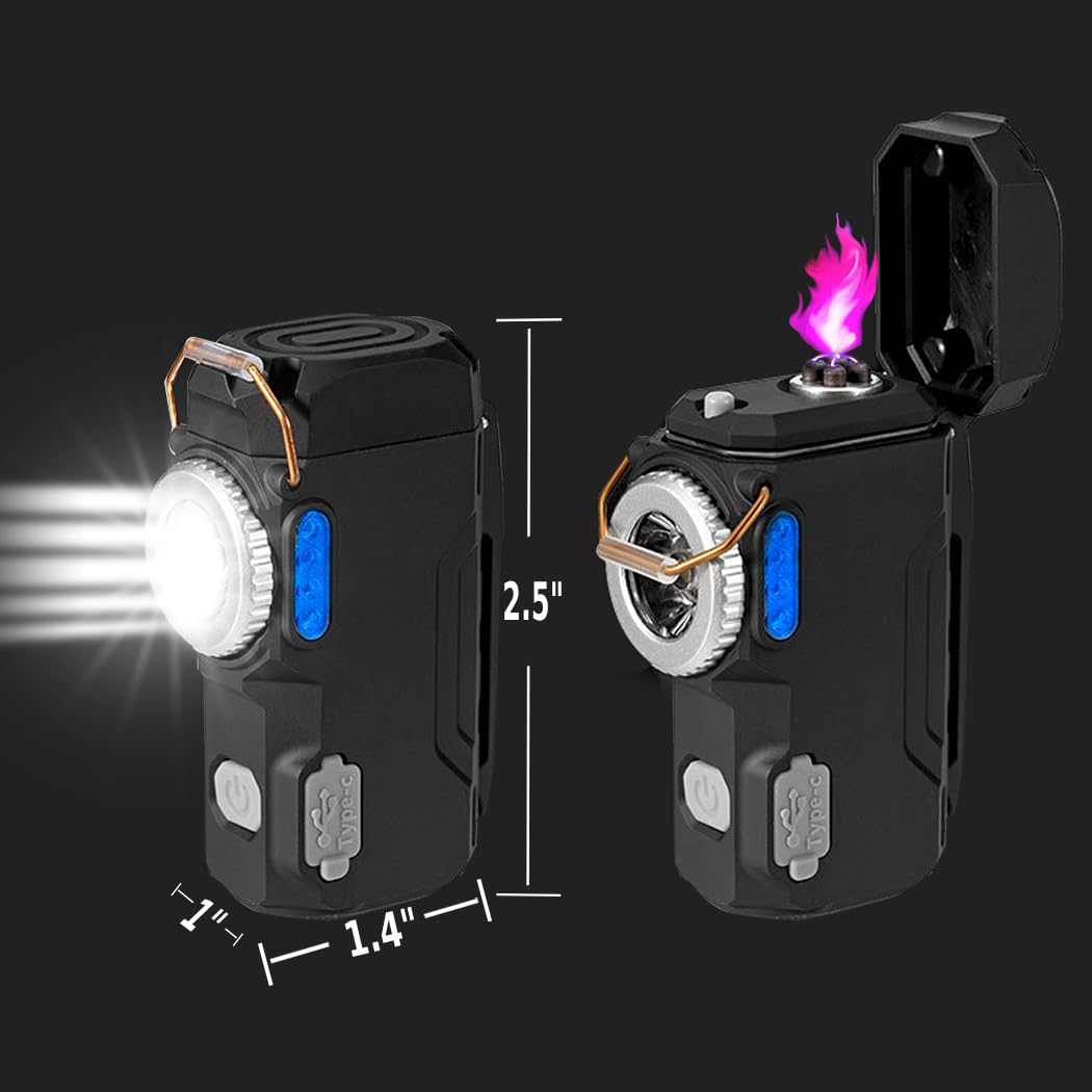 BY-J Electric Lighter with Digital Display and Flashlight - Type C Smart Fast Charge, Plasma Arc, Waterproof and Windproof Flameless Cool for Camping, Hiking, Outdoor Activities, Black