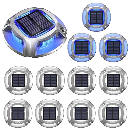 Quntis 12Pcs Solar Deck Lights, 2 Color Modes Blue+White Solar Driveway Lights, IP68 Waterproof Dock Lights Warning Step Lights, Aluminum Solar Lights Outdoor for Garden Stair Path Walkway