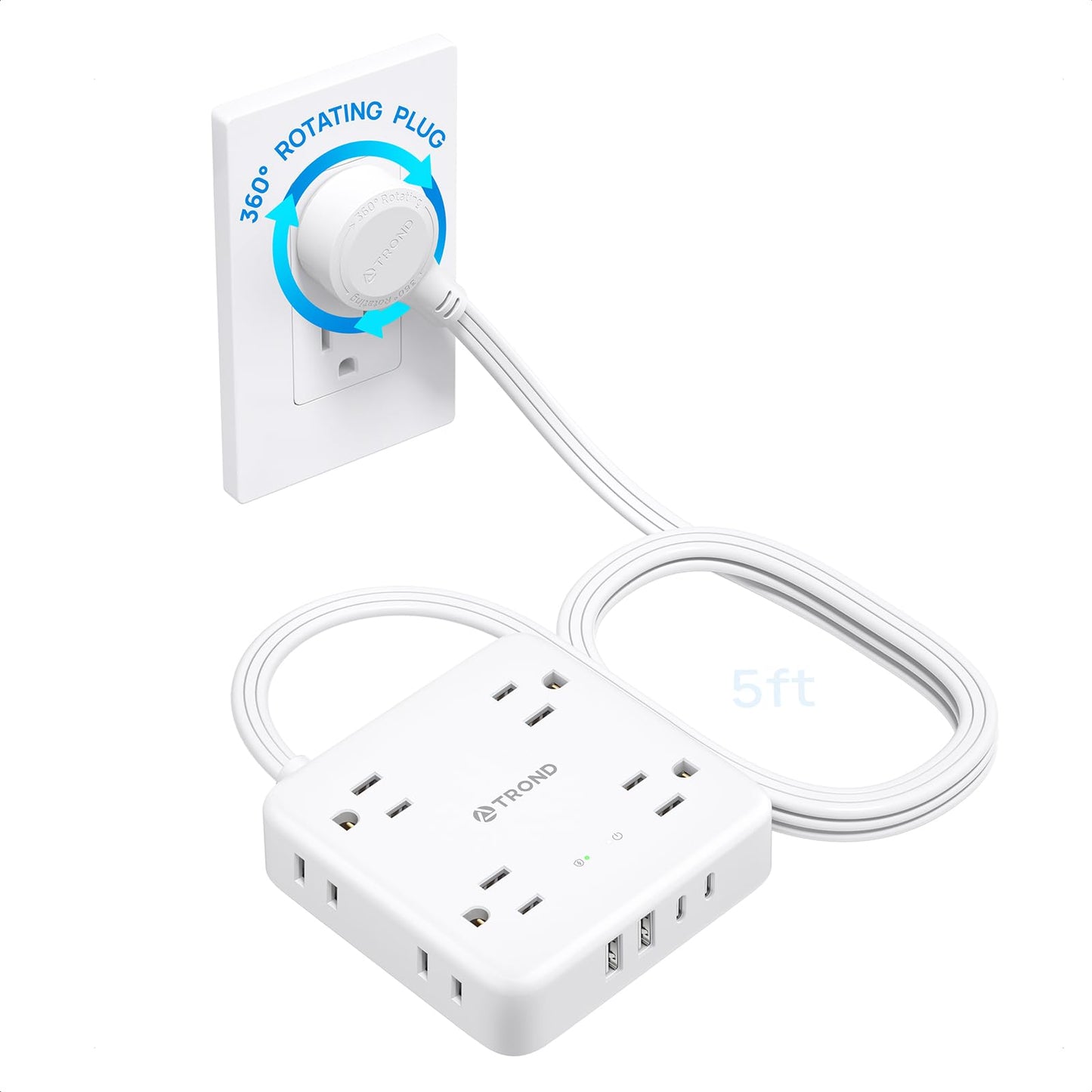 TROND 360° Rotating Flat Plug Power Bar with 2 USB C, 8 Widely Spaced Outlets, 5FT Slim Extension Cord, 1440J Surge Protector Power Strip, Wall Mount for Home Office Dorm Travel Essentials, White