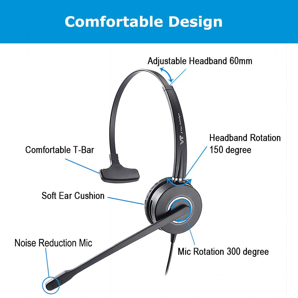 Mono Plantronic-QD Headset with Microphone - for Cables with Quick Disconnect Connector for Call Center Office (VT6932QD)