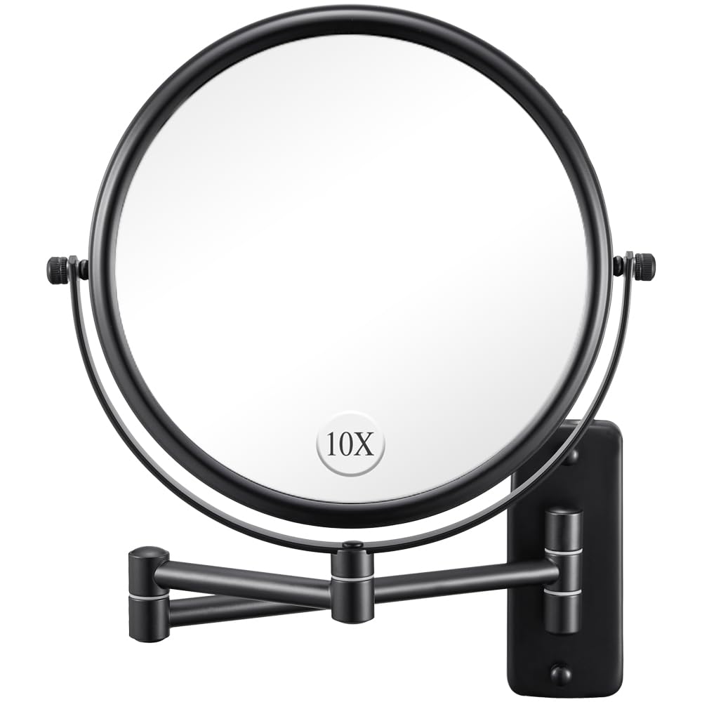 Wall Mounted Makeup Mirror - 1X/10X Magnifying Mirror for Wall, 8 Inch Double Sided 360° Swivel Extendable Bathroom Mirror for Shaving, Black DECLUTTR