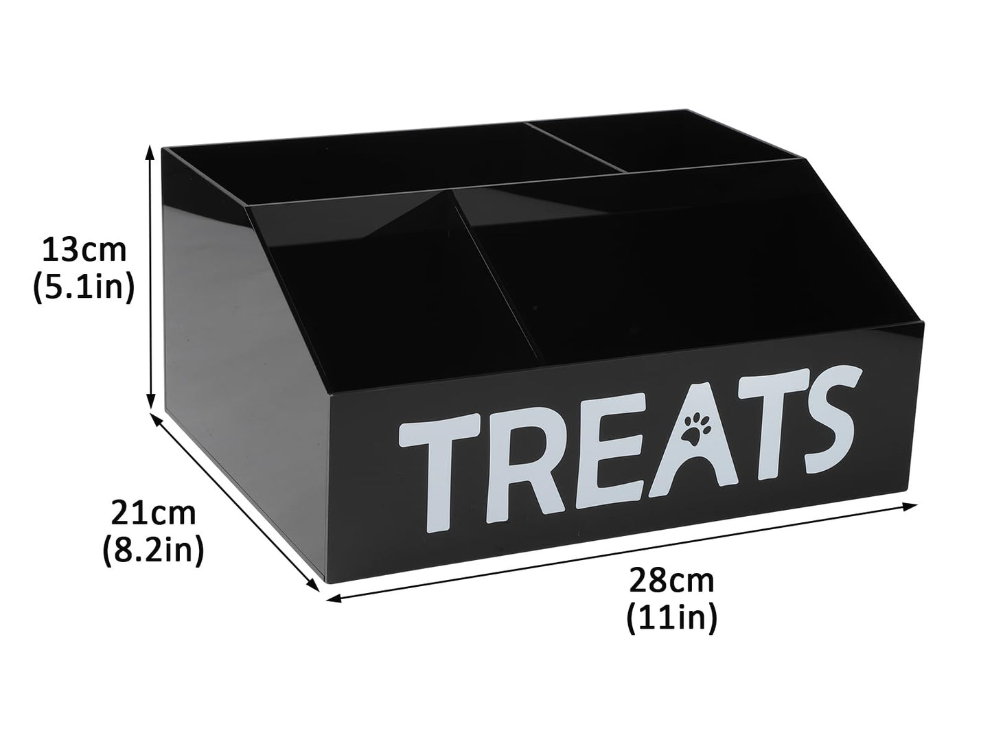Brabtod Acrylic Dog Storage Organizer,Dog Treat Station with dividers,Trapezoid Dog Treat Container for Countertop,Cat Treat Storage Bin,Ideal for Dog Cat Bagged Snack or Can Food-Black