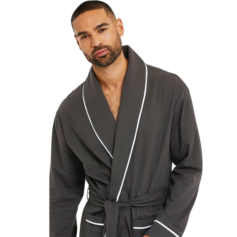HOLOVE Men's Pure Cotton Batshrobes Lightweight Kimono & Hooded Robes Spa Soft Sleepwear, Iron-gray, XX-Large-3X-Large