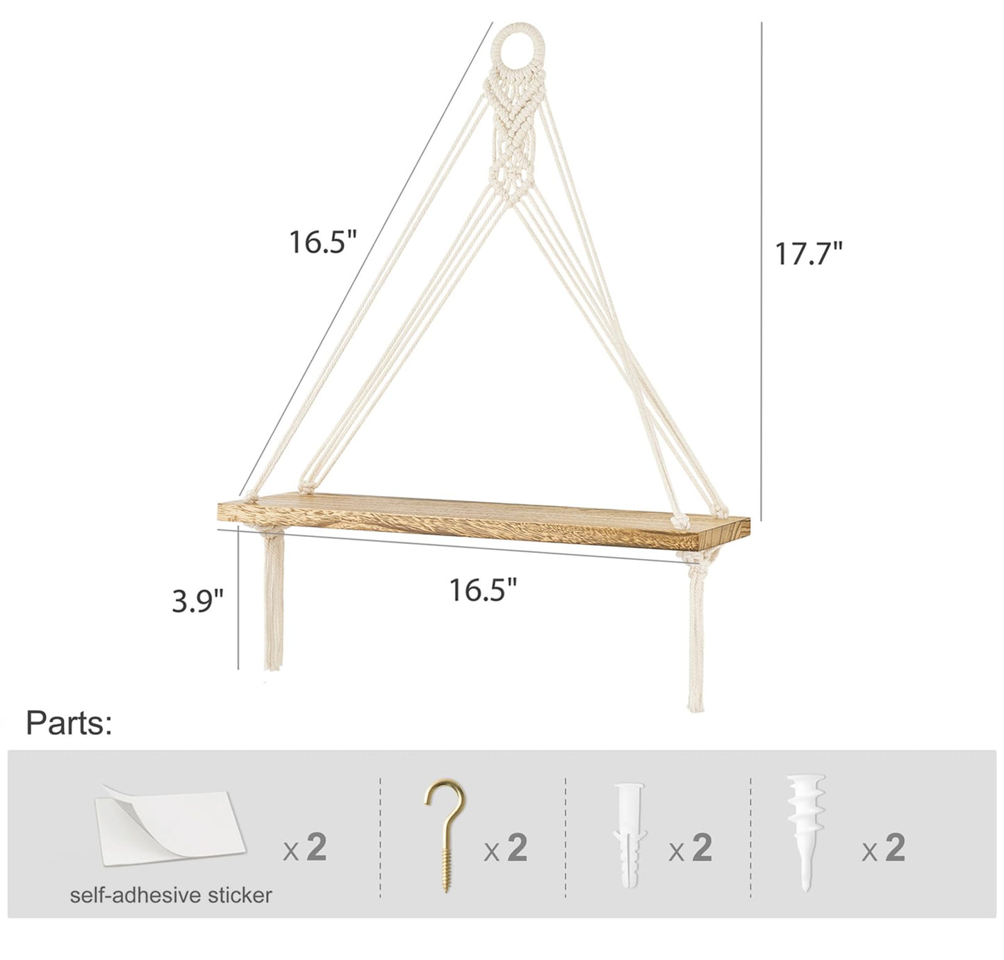 Mkono Artificial Ivy Macrame Hanging Shelves with Lights Set of 2 Boho Wall Decor Display Plants Photos Wood Floating Storage Shelf for Bedroom Bathroom Living Room Nursery Dorm Kitchen, White