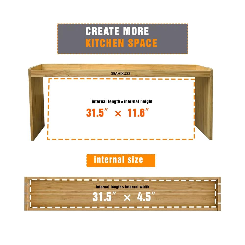 SEAHIXUSS - Bamboo Wood Over The Stove Shelf for Kitchen Storage, 31.5 Inch Spice Organizer Rack, Stove Top Shelf with 6 Hooks, Countertop