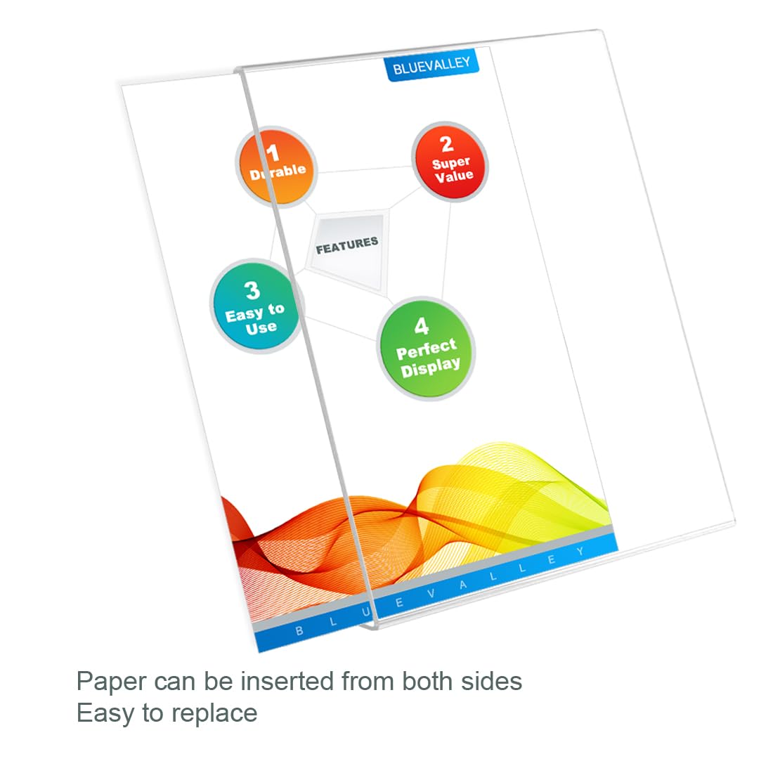 BlueValley Clear Acrylic Sign Holder - 8.5x11" Slant Paper Display Holder for Office Desktop, Acrylic Stand for Display Show Fairs Flyer Brochure, Exhibition Document Poster Ad, Photo Picture Frame, Catering Table Menu-6 Pack