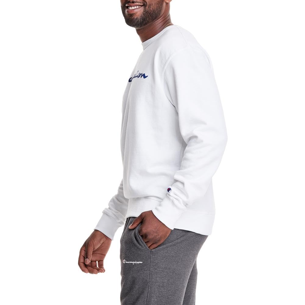 Champion Men's Sweatshirt, Fleece Midweight Crewneck Sweatshirt (Reg. Or Big & Tall), White - Classic Script Logo, Medium