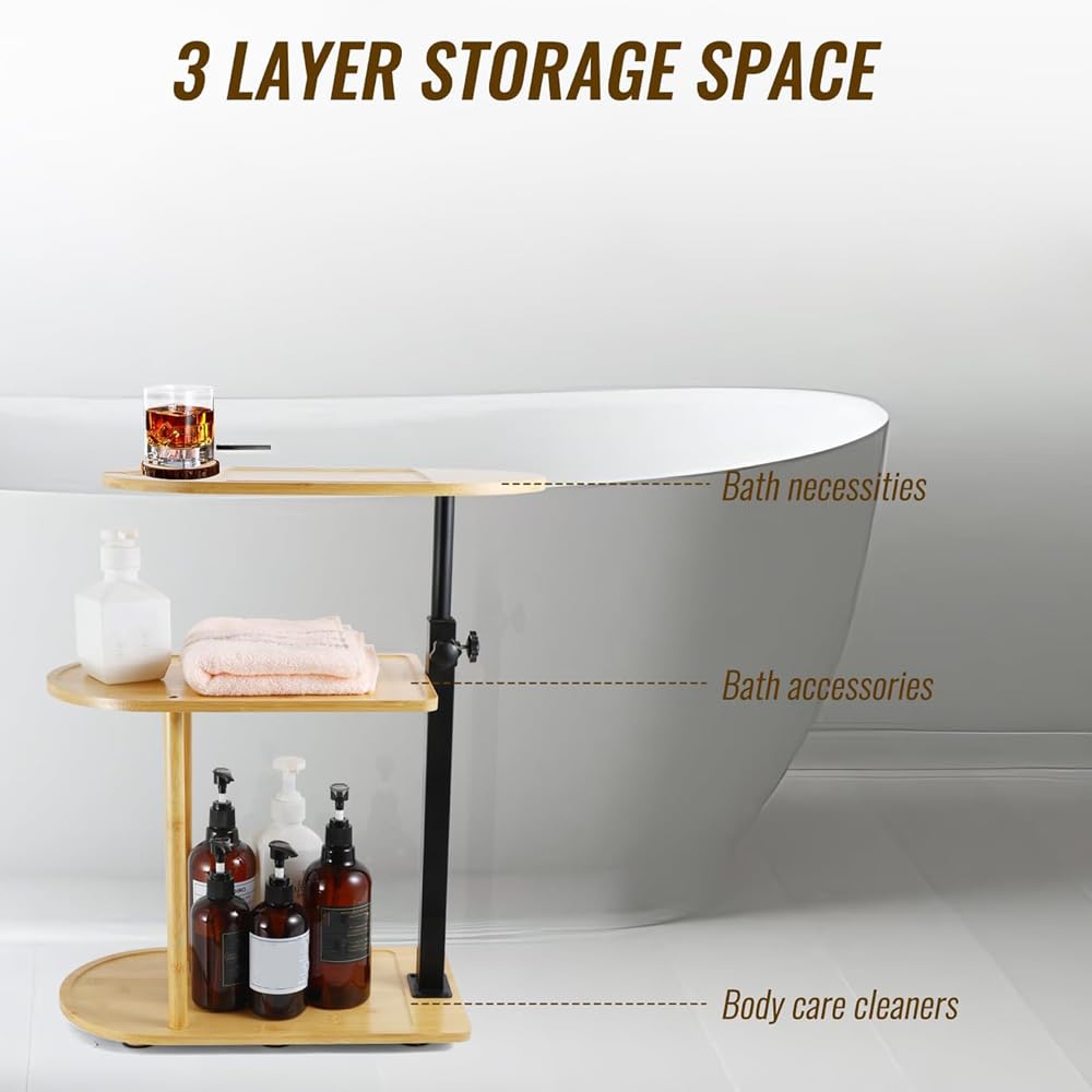 3 Layer Bath Tub Tray Table, Liftable Freestanding Bamboo Bath Tray Caddy for Tub Against Wall, Bathroom Organizer Shelf, Bath Home Spa Bathtub Accessories