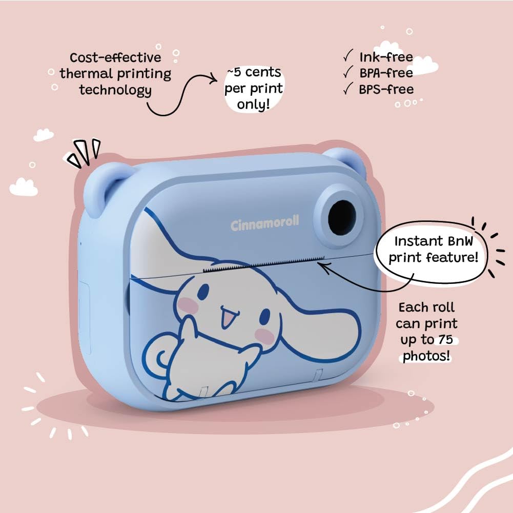 Cinnamoroll Instant Print Kids Digital Camera & Video Camcorder with Selfie Camera by Kidamento, Scavenger Hunt Momento Book, 32GB Memory Card - Model P Cinnamoroll